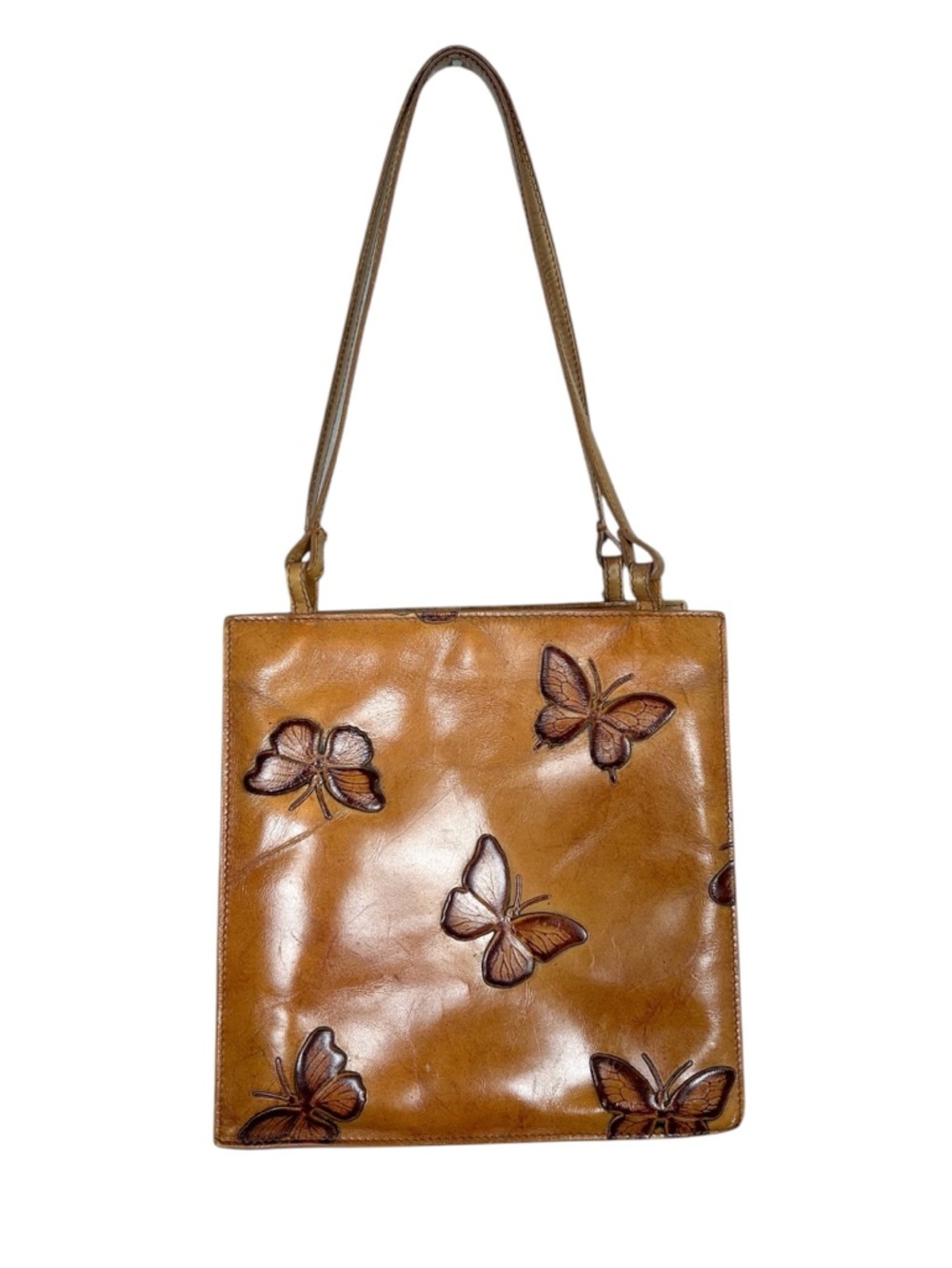 Mario Hernandez Butterfly Embossed Tan Leather Shoulder Bag